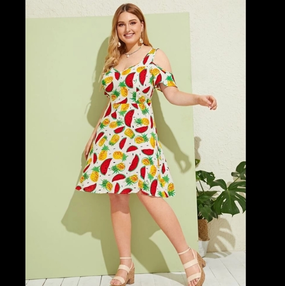 Plus Size Pineapple Watermelon Cold Shoulder Dress - Picture 3 of 5